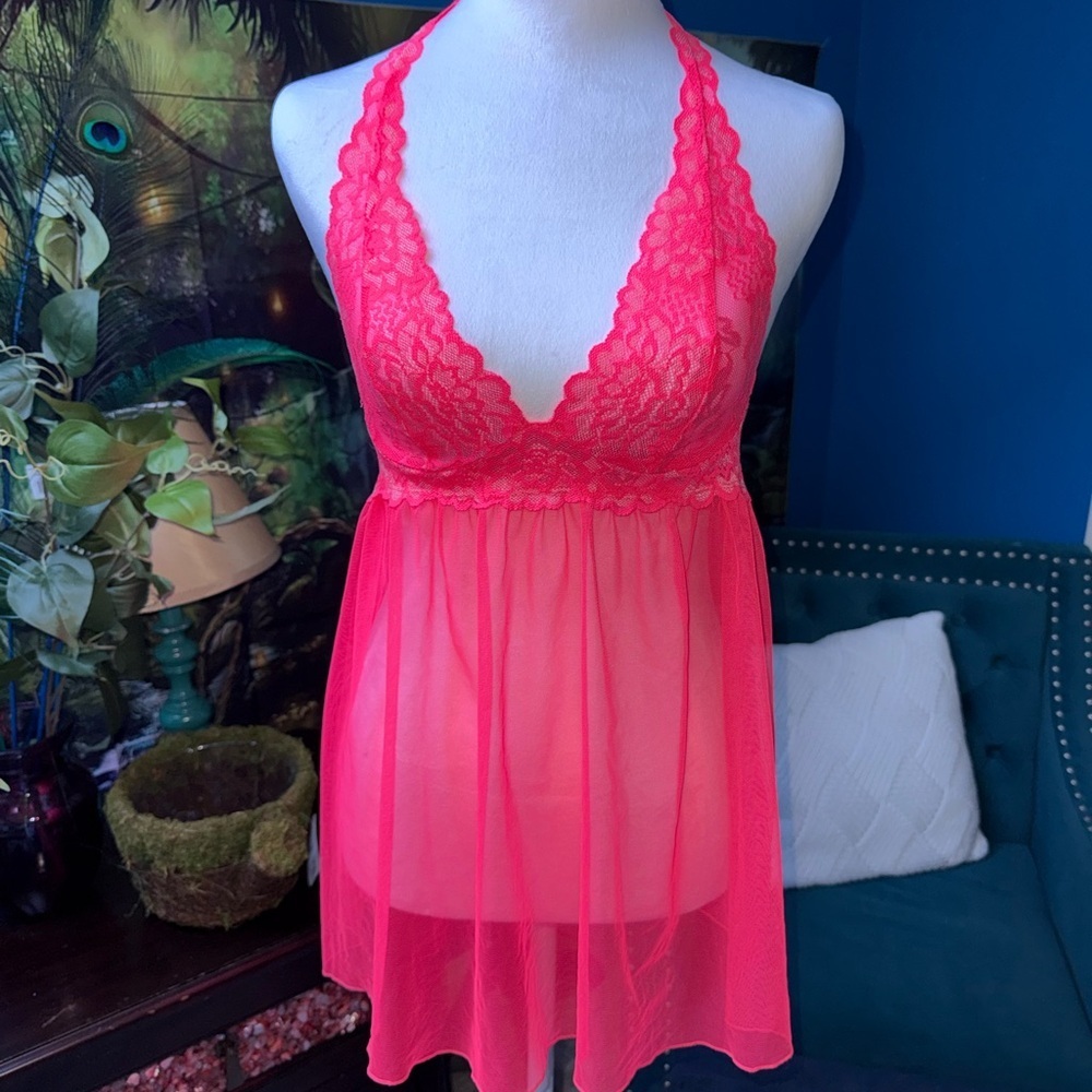 Victoria's Secret Lace Halter Chemise in Bright Pink